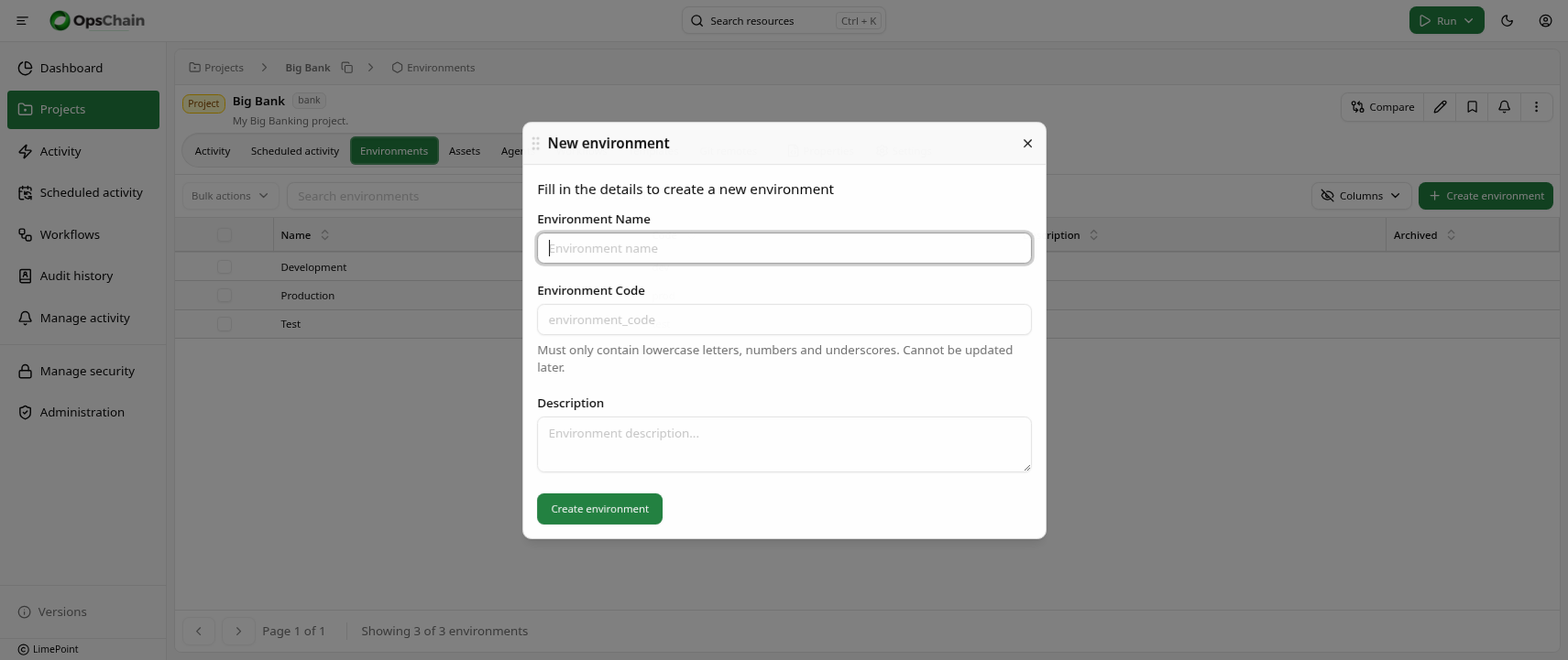 Create environment dialog
