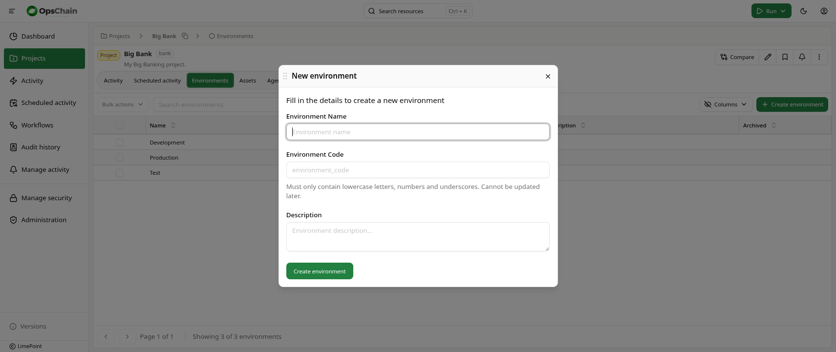 Create environment dialog