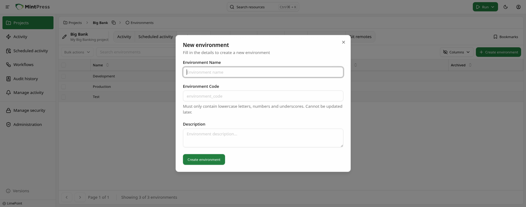 Create environment dialog