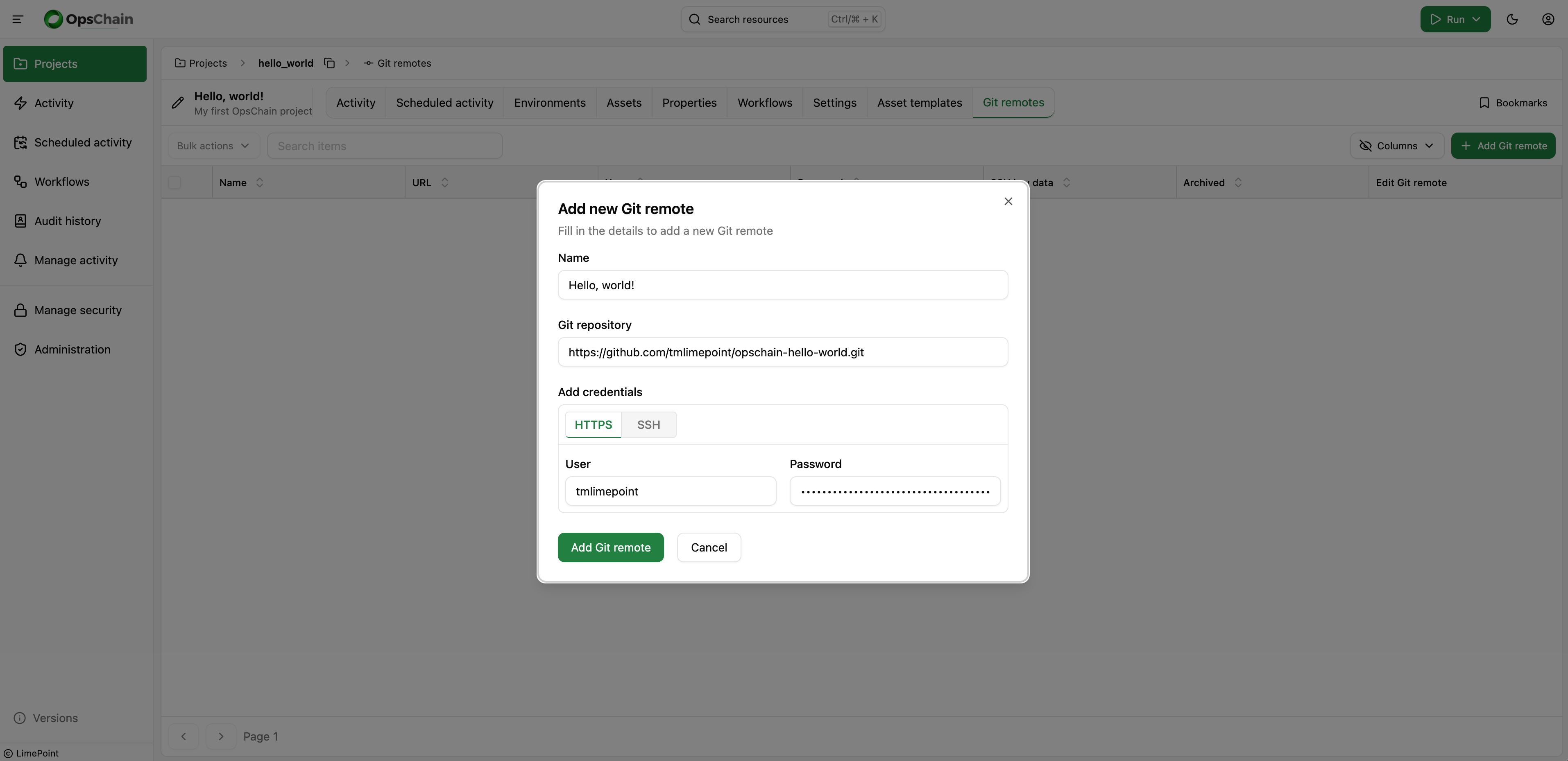 Create git remote dialog