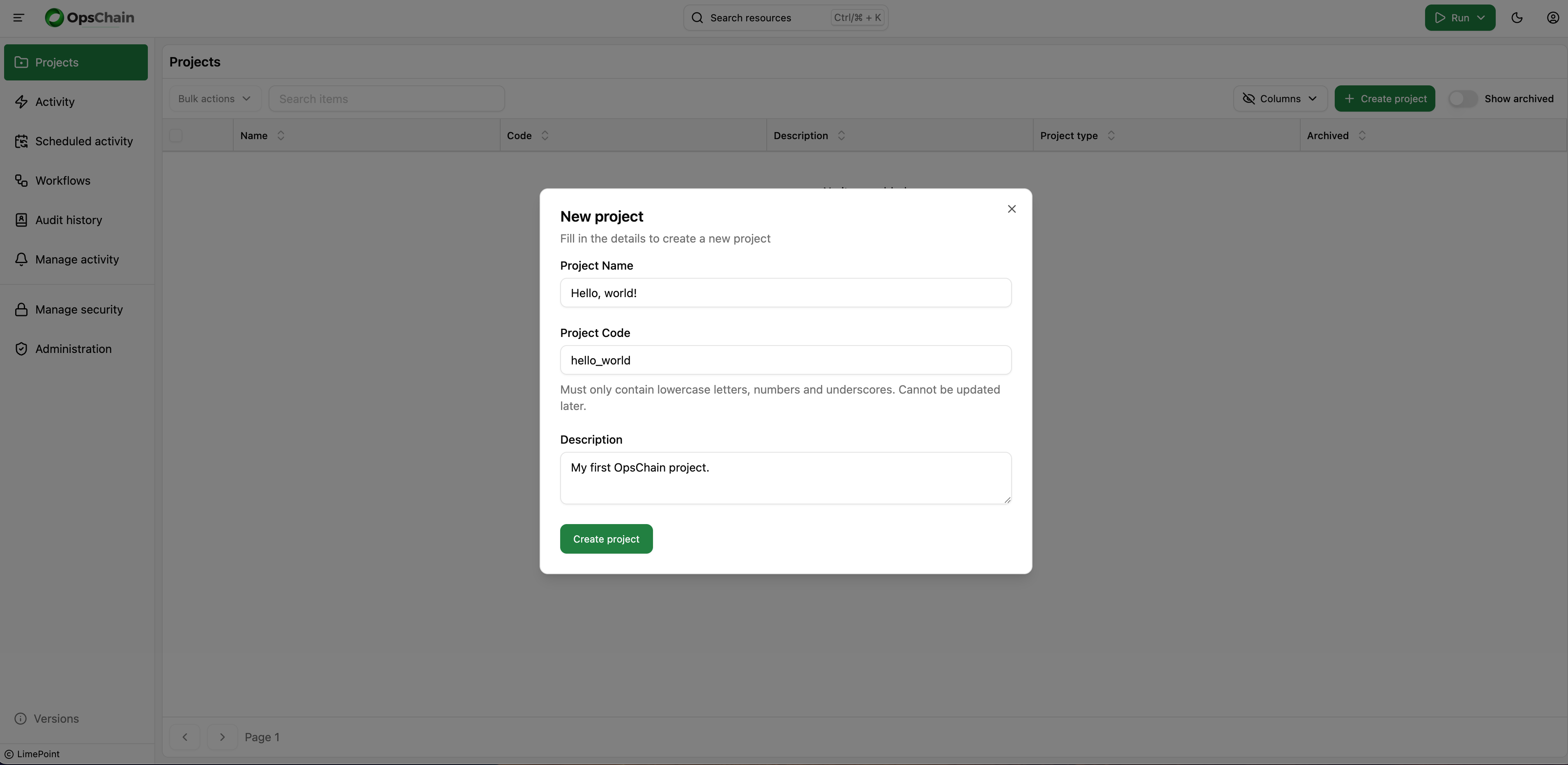 Create project dialog