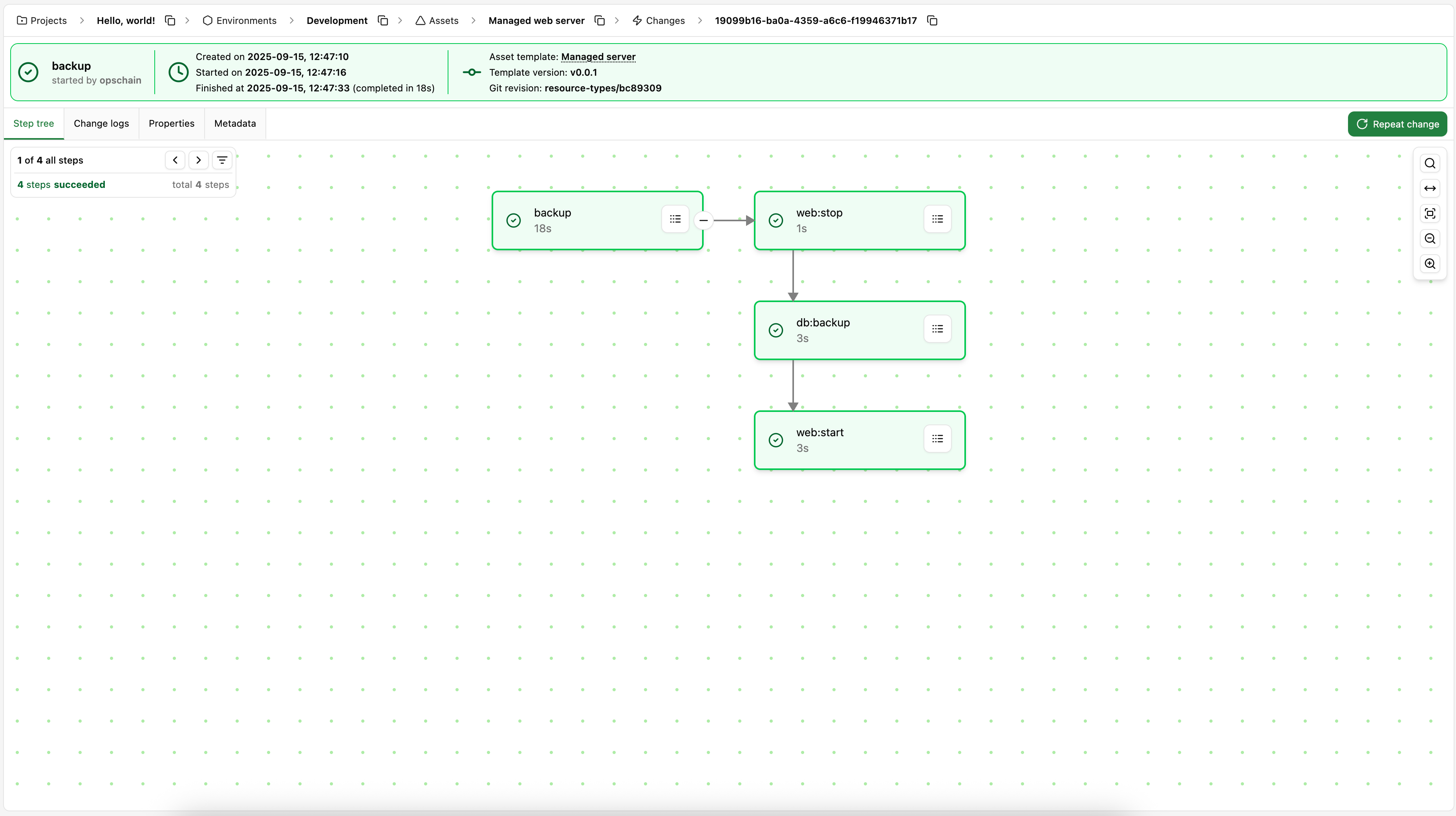 Backup action step tree