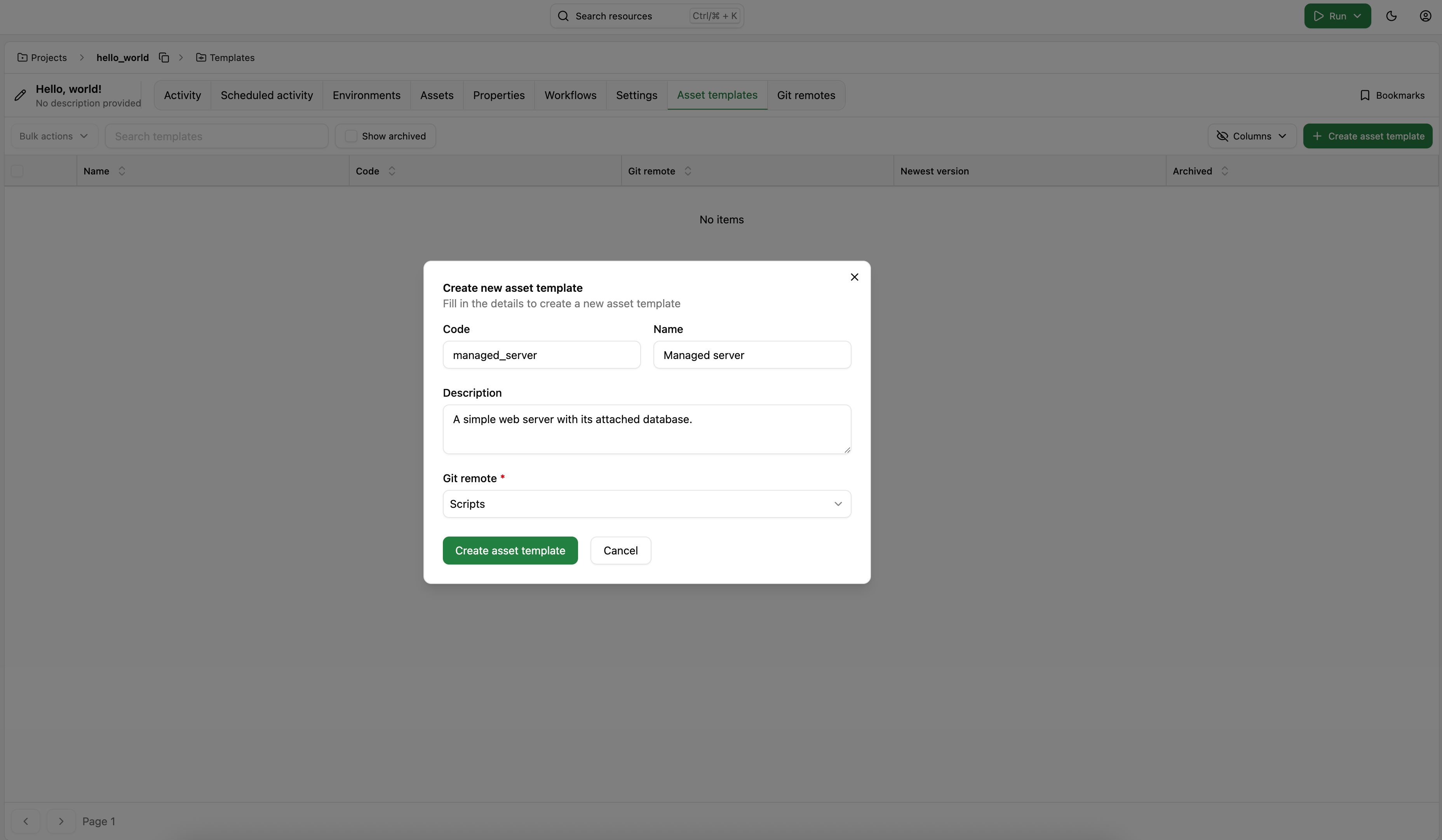 Create asset template dialog