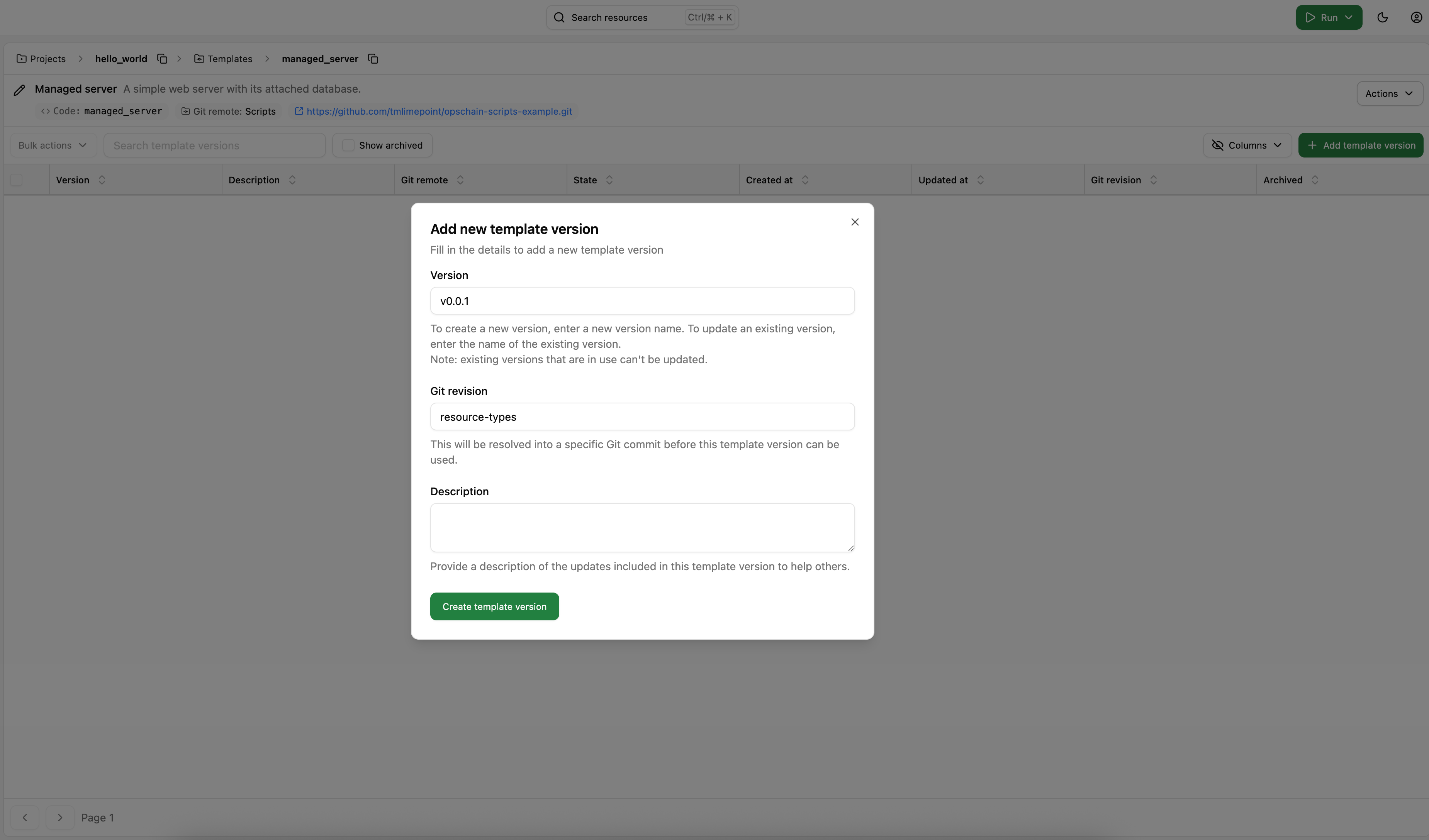 Create asset template version dialog