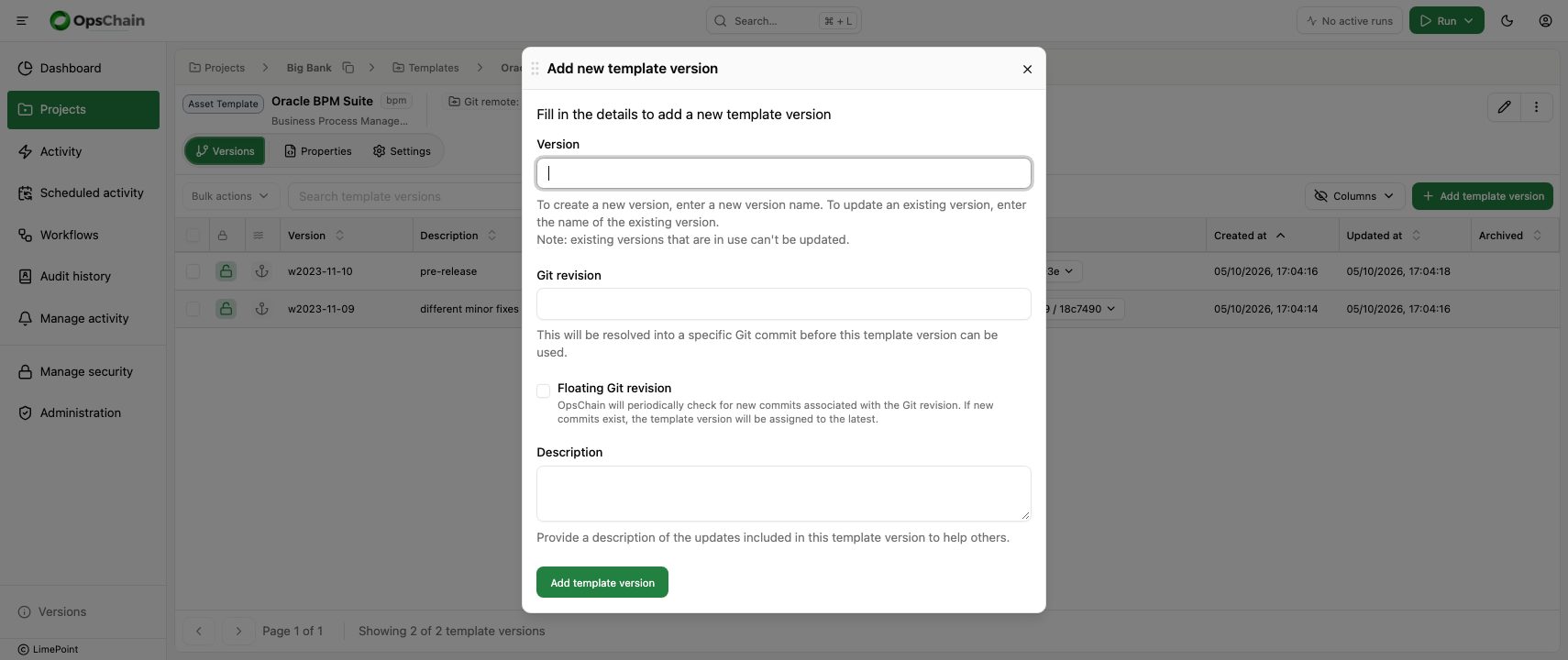 Create asset template version dialog