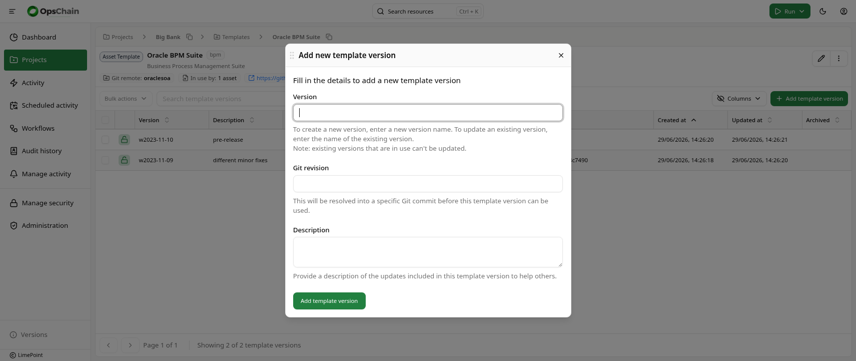 Create asset template version dialog