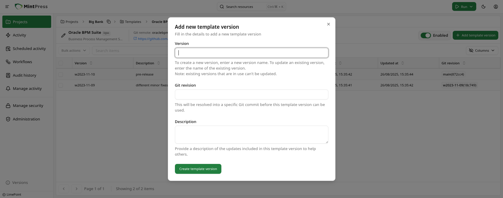 Create asset template version dialog