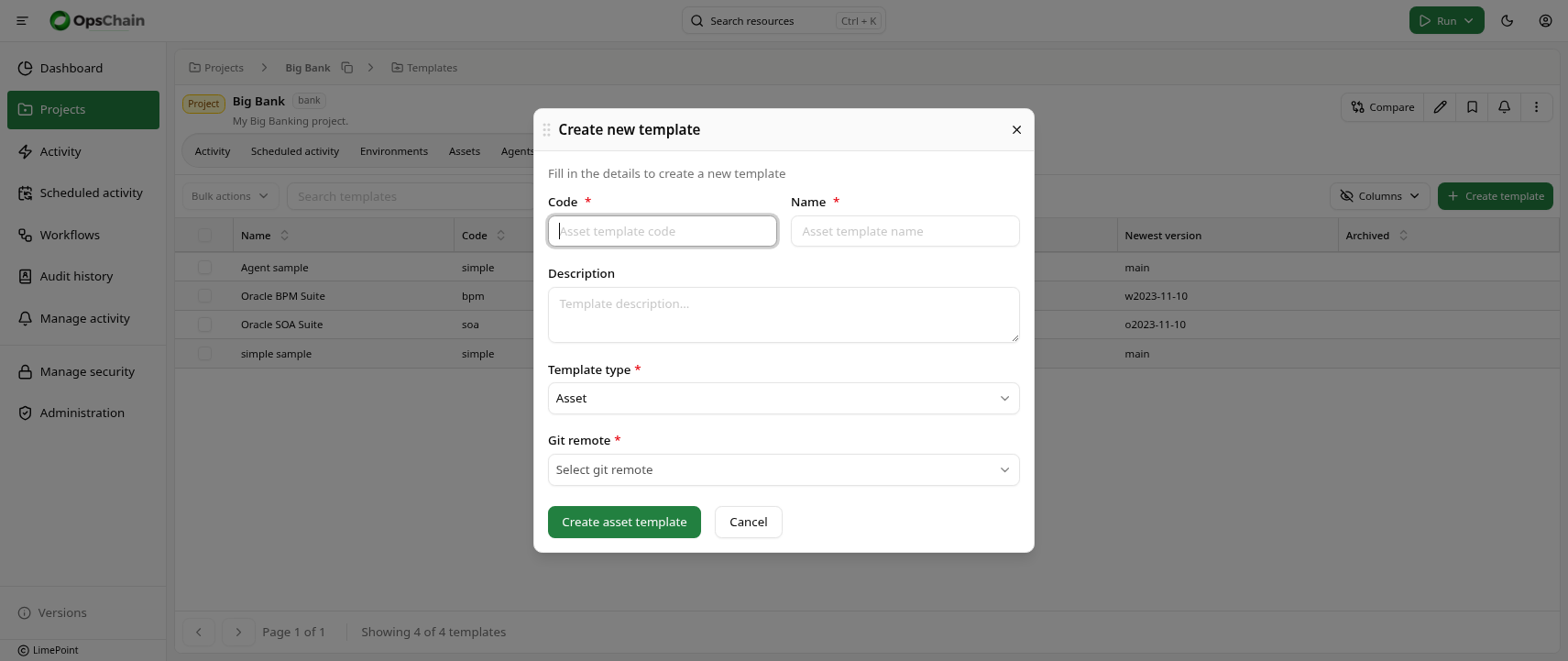 Create asset template dialog