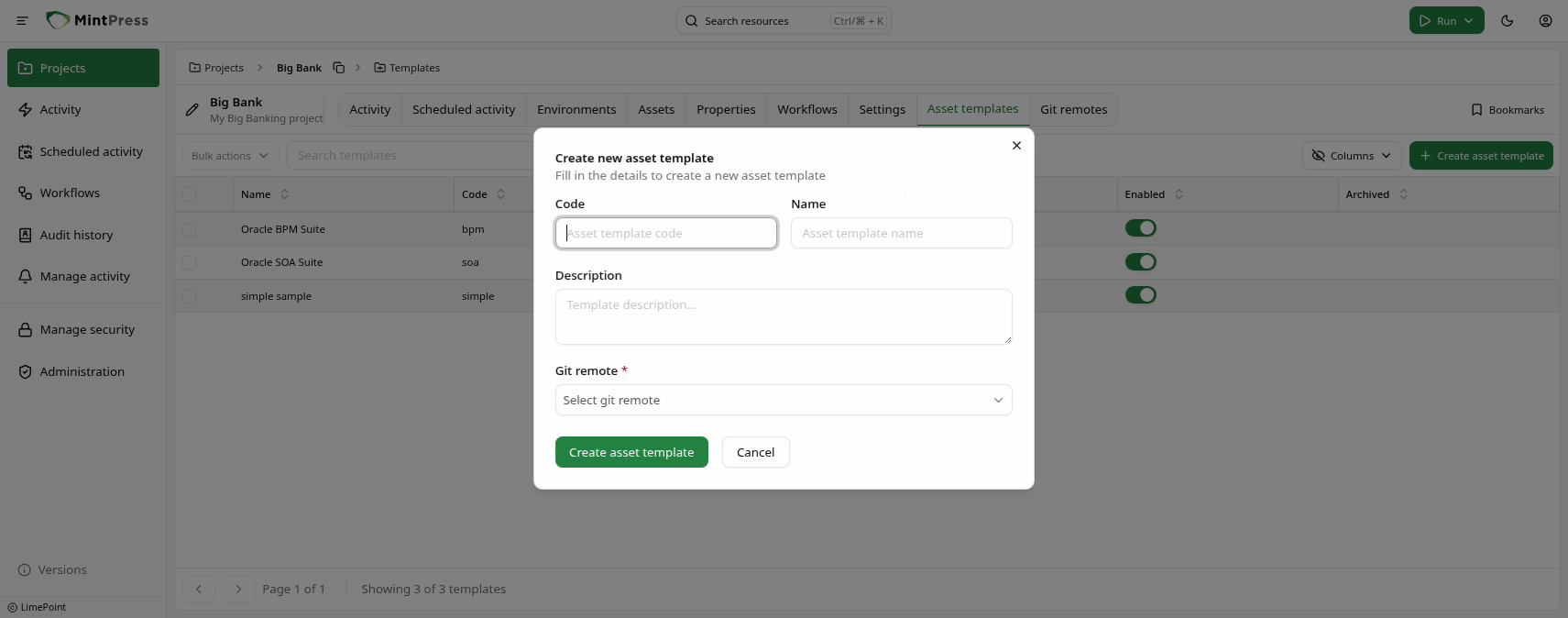 Create asset template dialog