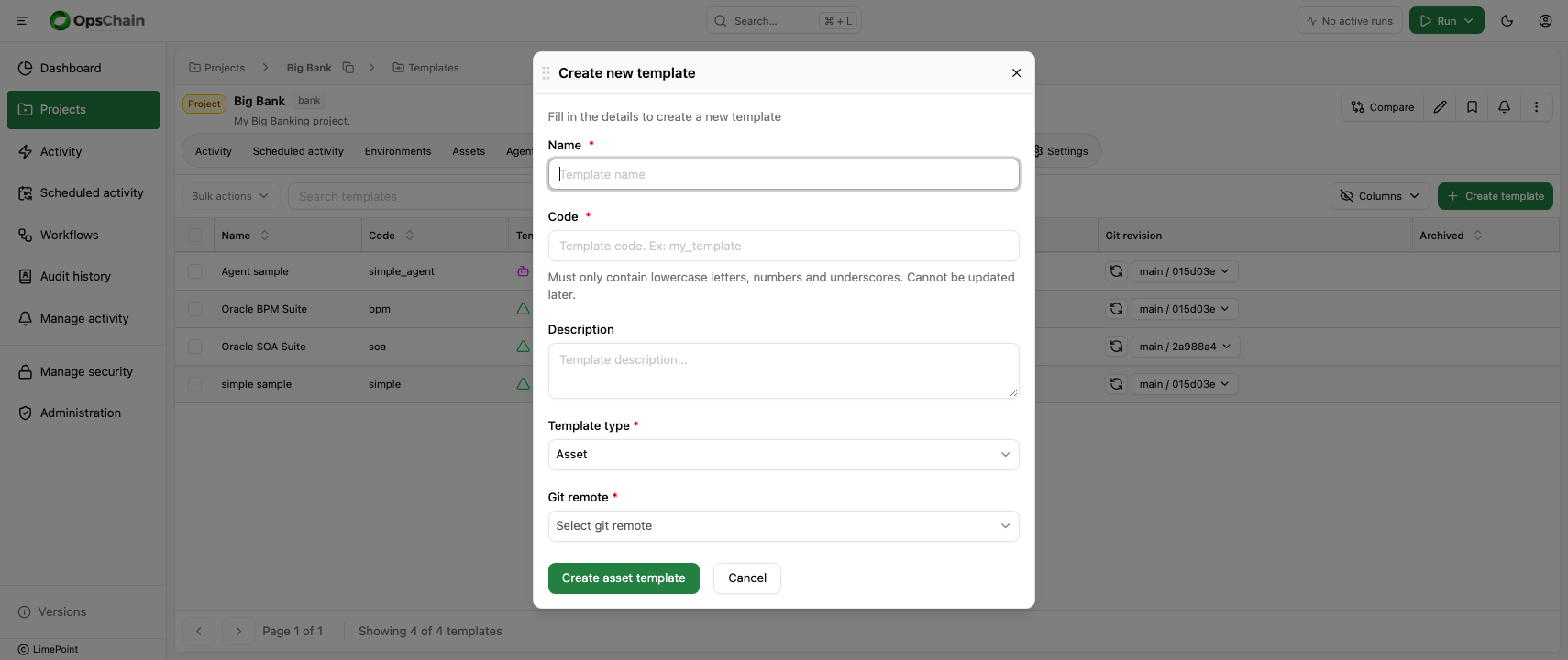 Create asset template dialog