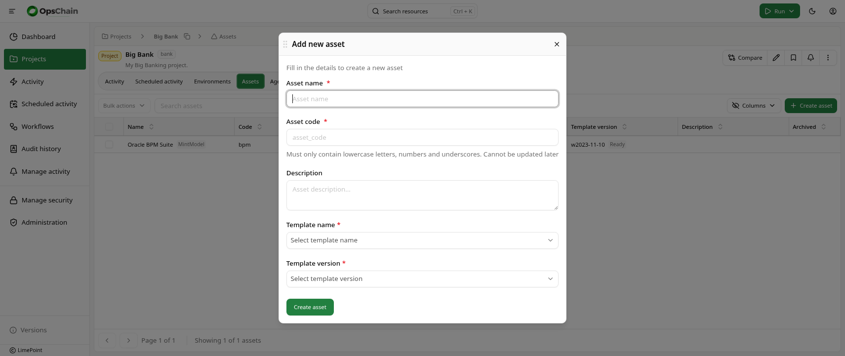 Create asset dialog