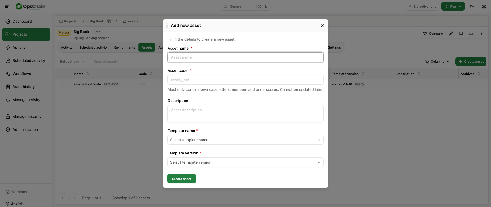 Create asset dialog