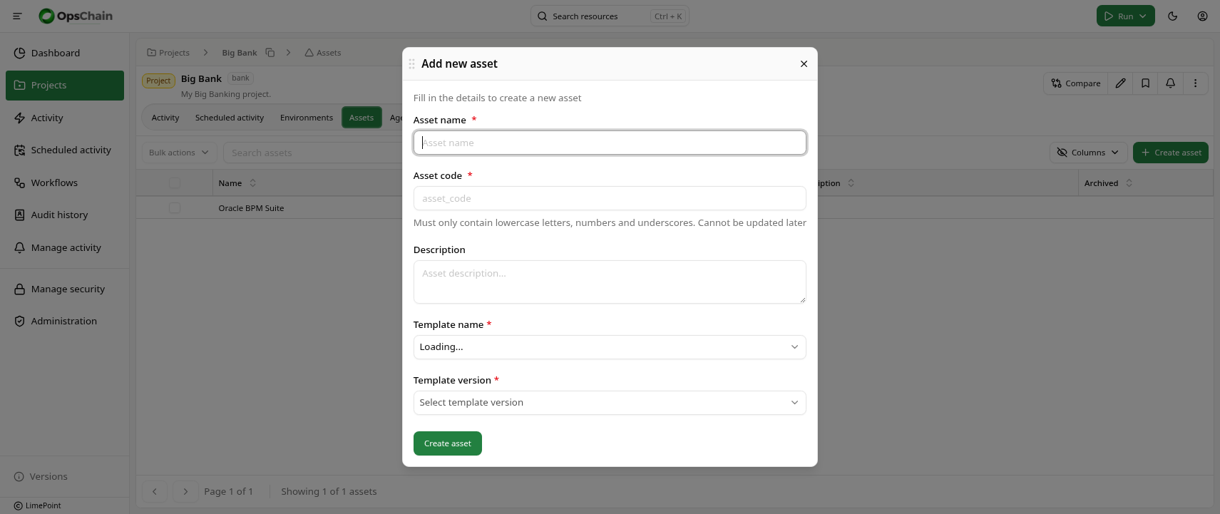 Create asset dialog