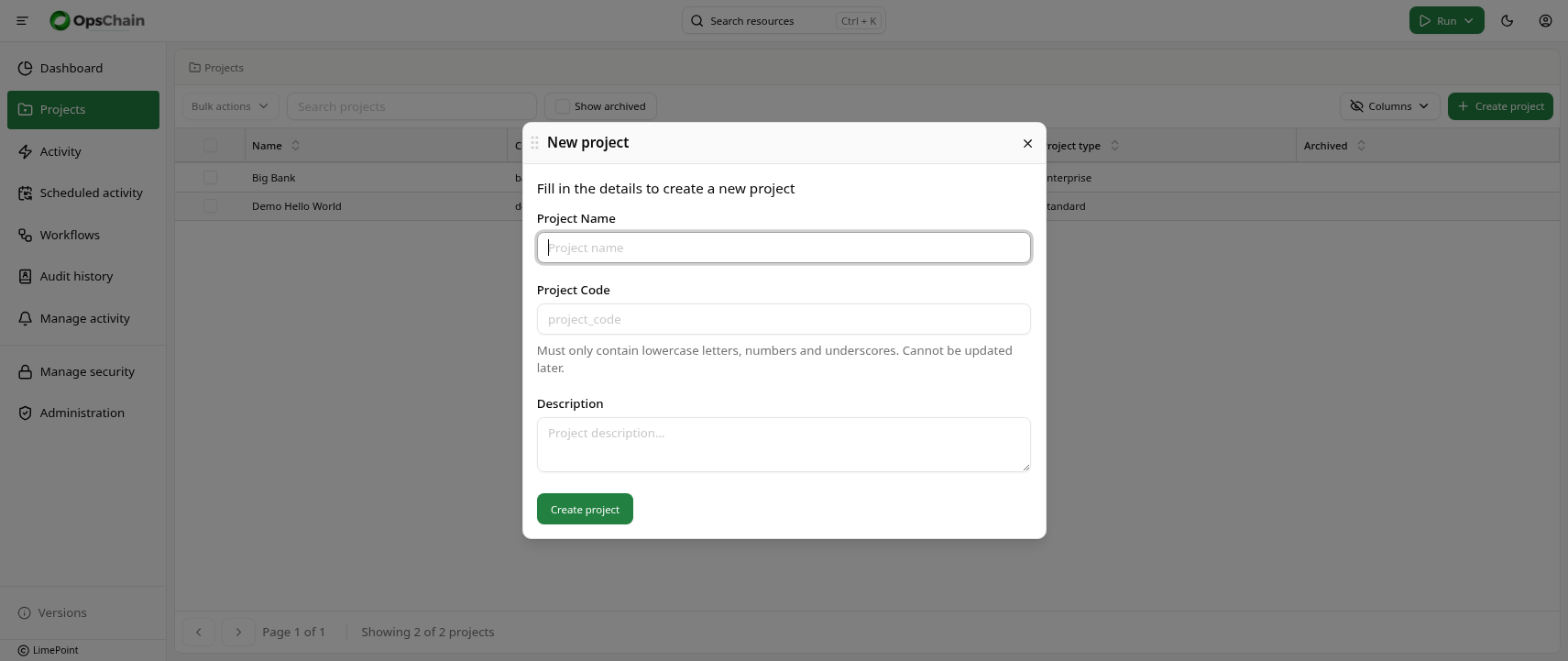 Create project dialog