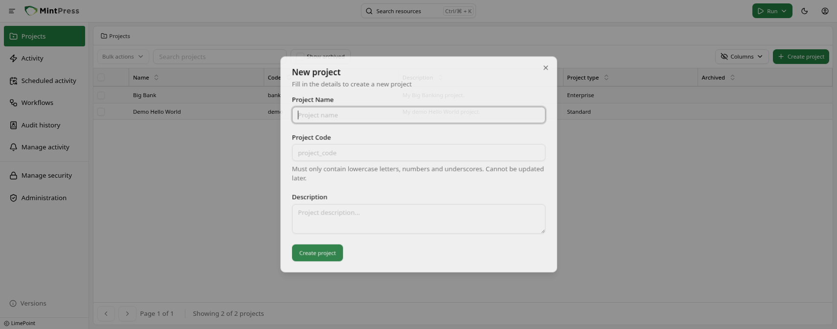 Create project dialog