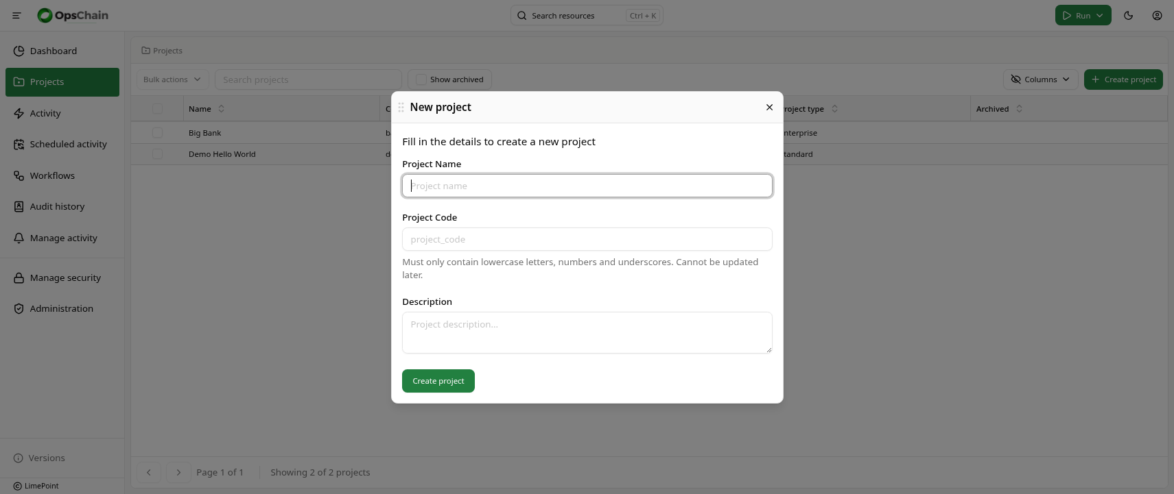 Create project dialog