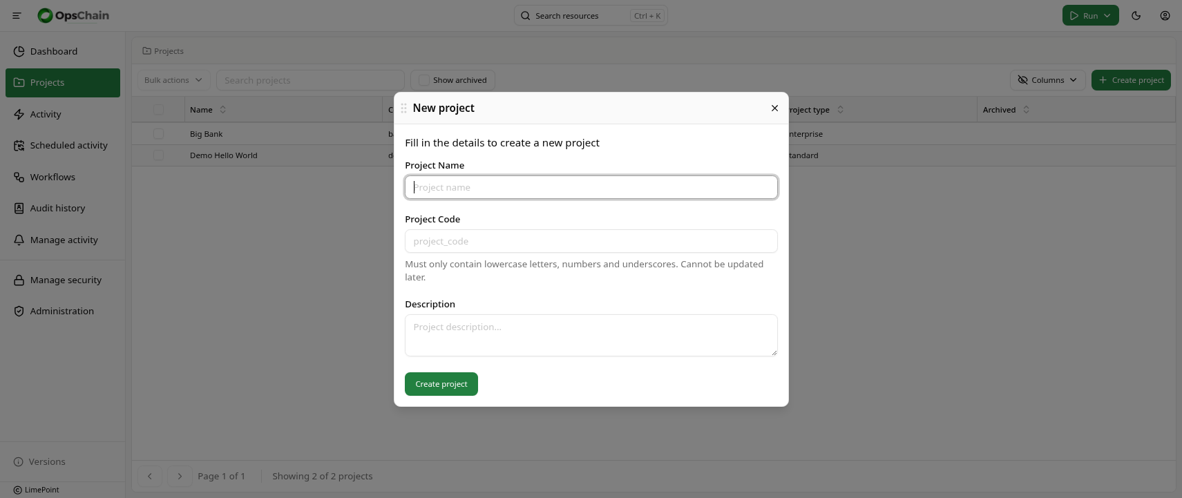Create project dialog