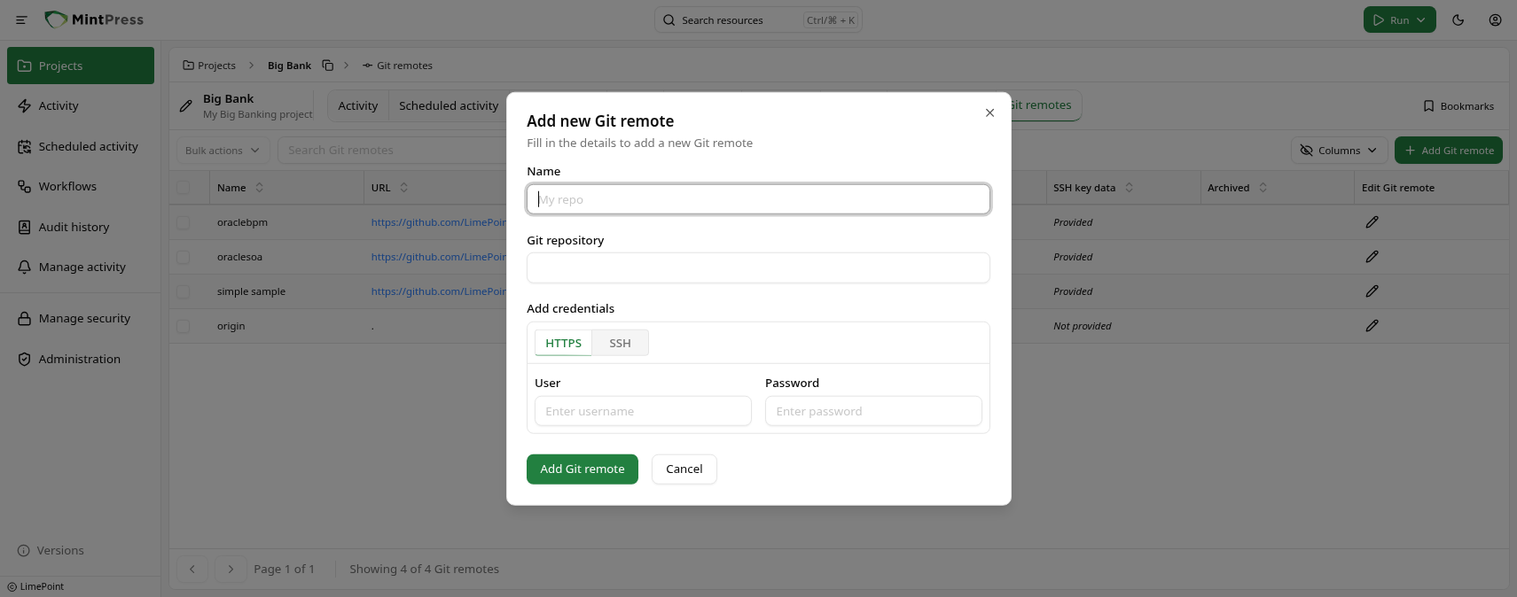 Create git remote dialog