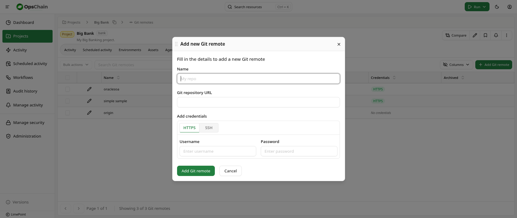 Create git remote dialog