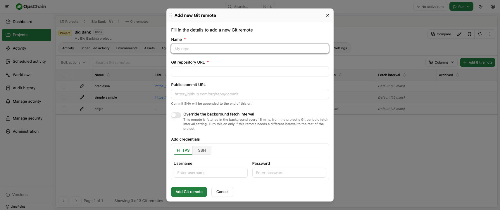 Create git remote dialog