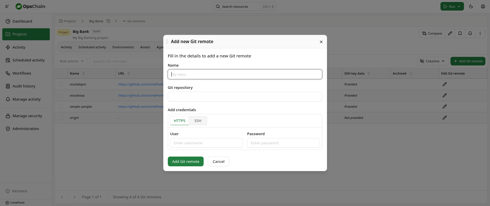 Create git remote dialog