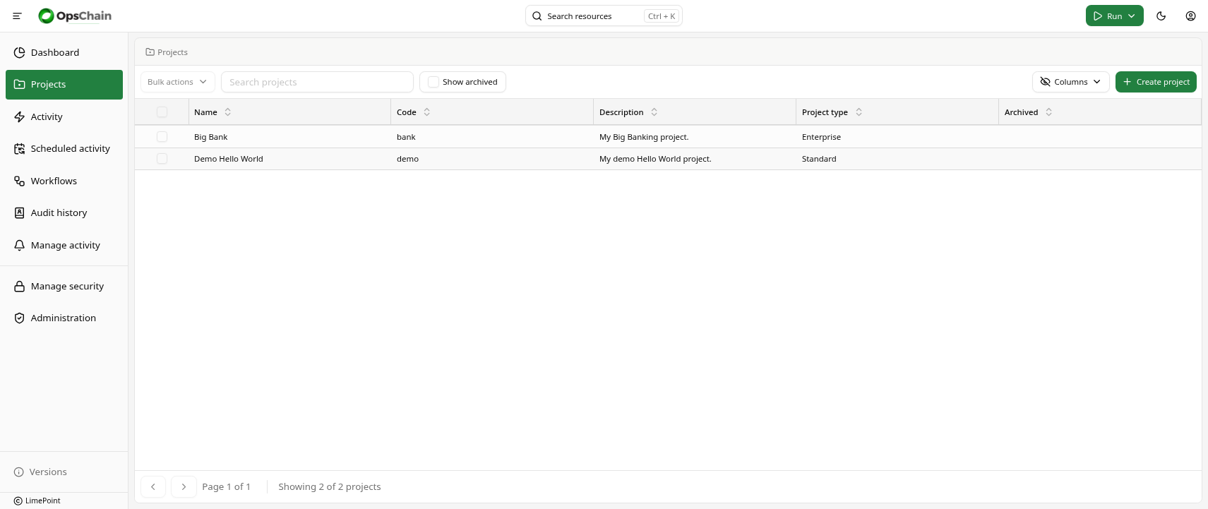 Projects page