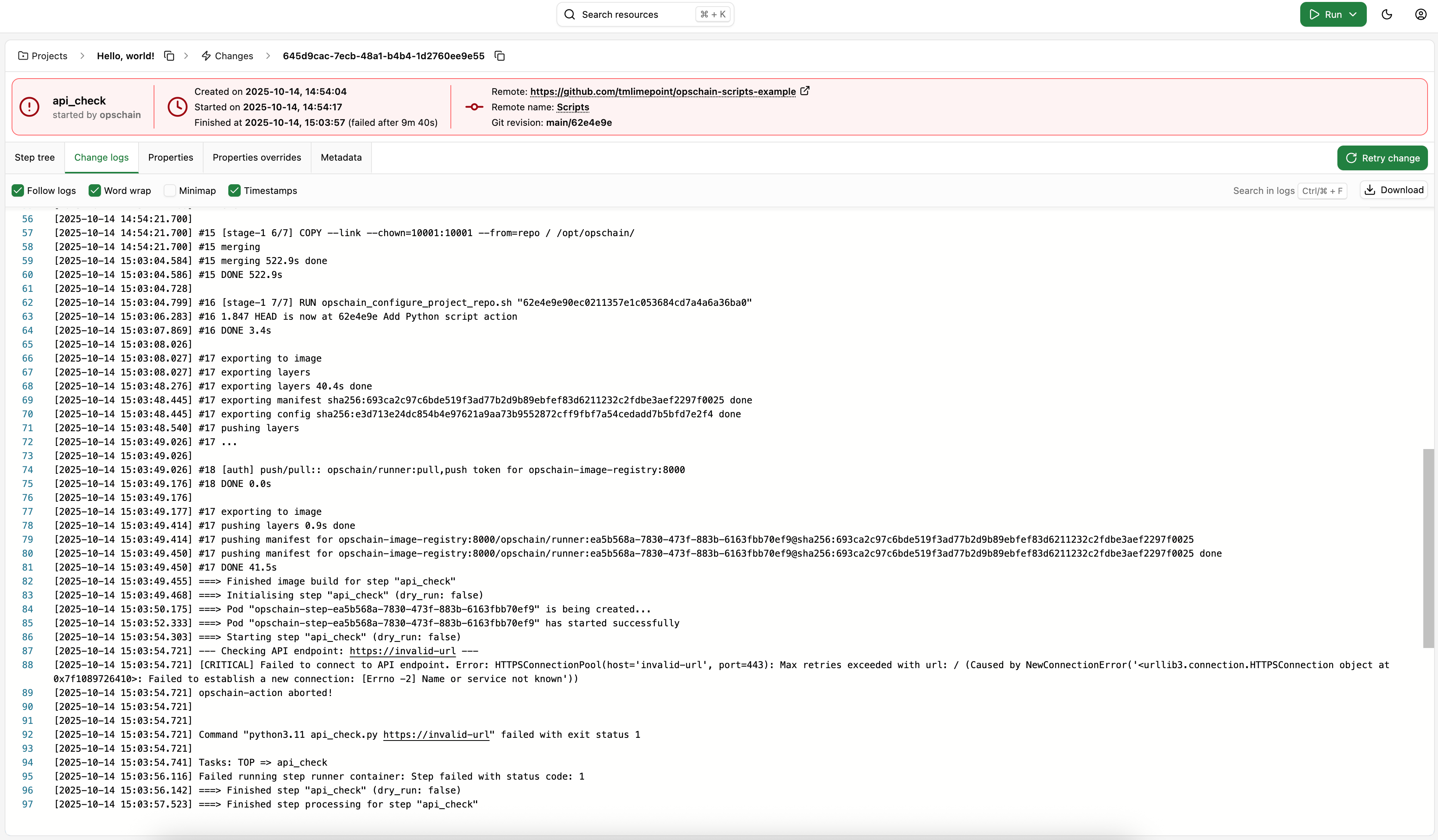 Python script change logs with error