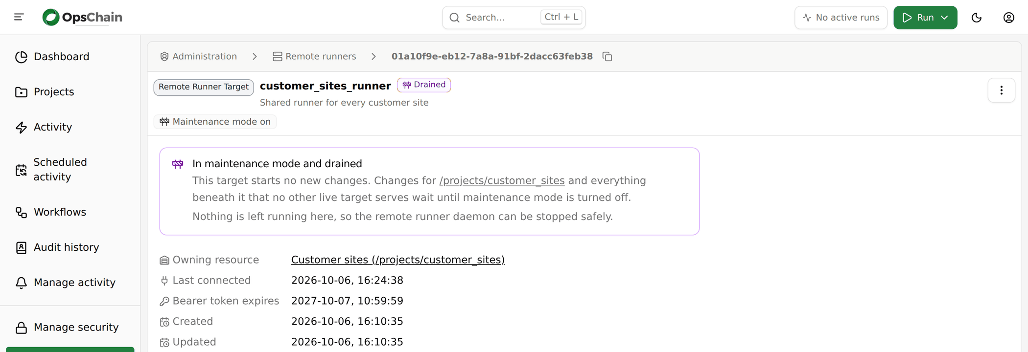 A drained remote runner target in maintenance mode