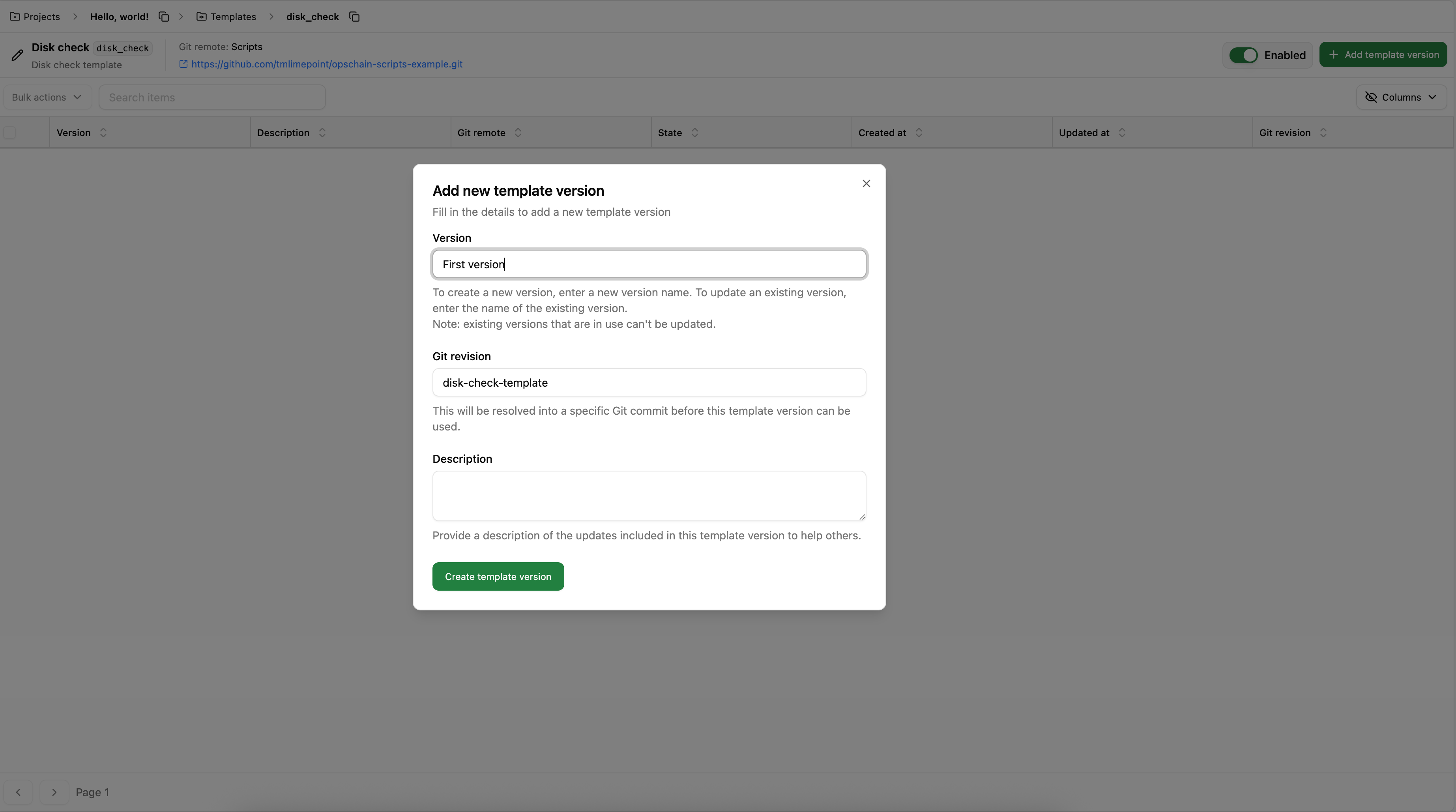 Create a template version